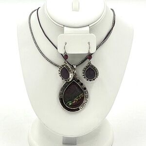 Vintage Kenneth Cole Silver Tone Abalone Dark Red Gemstone Choker & Earring Set
